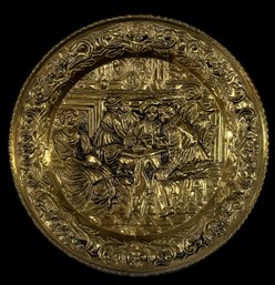Reproduction Of Antique English Repousse Antiqued Brass Wall Disk Of Tavern Scene, 16.5' Diam.