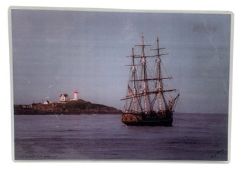 Signed Larry Attridge Print Of 'HMS Bounty 7-99 Nubble Light', Laminated, 16' X 11-1/8'H