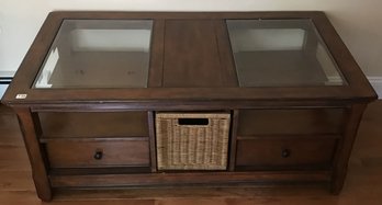 Glass Top Coffee Table With 2 Drawers & Wicker Center Basket On Rollers, 50' X 28' X 20'H