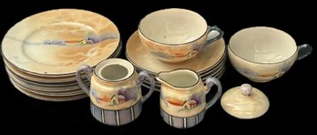 16 Pcs Partial Set Japanese Lusterware Tea Set, 2 Tea Cups, 5 Saucers, 6 5' Diam. Plates, Creamer & Sugar And