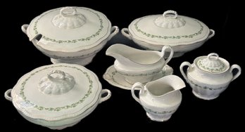 7 Serving Pcs Antique Edwin Knowles Semi-Vitreous China, Tureen, 2-Covered Veg, Cream & Sugar And Gravy Boat