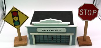 Wood Model 'tony's Garage' And Two Traffic Signs