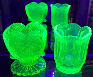 Two Different Vintage Footed Depression Yellow Uranium Glass Toothpick Holders