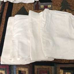 4 White Linen Table Cloth & Forest Green Table Cloth (Not Pictured), Sizes Unknown