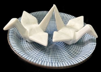 3 Pcs Vintage Asian Porcelain, Spectacular Small Blue & White Shallow Dish, 3-3/8' Diam. & 2-Oragami Style Bir