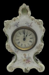 Antique Ansonia Porcelain Dressing Table Clock With Bronze Accents, 3.75' X 1.5' X 6.75'H.