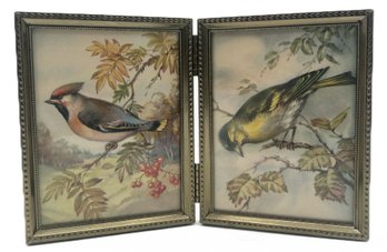 2 Small Bird Prints In Folding Metal Frame, Each Side 3.5' X 4'H