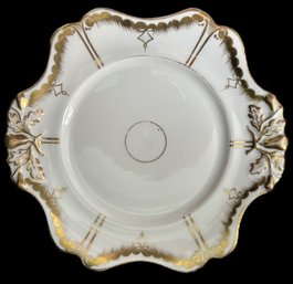 Antique 12-Lobed Plate With Hand Painted Gold Decoration And Embossed Pears On Opposing Sides, 10.5' Diam.