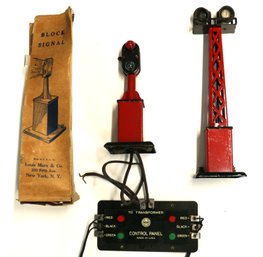 Three Marx Railroad Accessories - Lighting Tower -  Block Signal (with Box) - Marx Control Panel