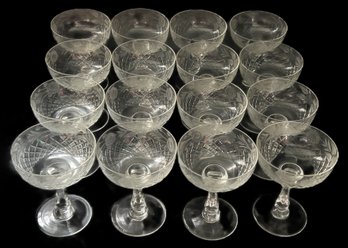 16 Pcs Vintage Finely Etched Sunflowers, Clear Crystal Stemmed Champagne Glasses, 4-7/8' Diam. X 4-7/8'H