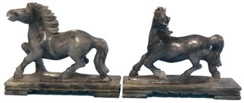 Pair Antique Or Vintage Chinese Carved Hard Stone Stallions Horses On Plinth, 6'W X 1-1/2'D X 5'H