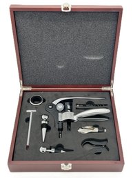 Nice 10 Pcs, New Unused Wine Connoisseur Bottle Opener Kit In Exceptional Wooden Case, 11' X 10-7/8' X 2-5/8'H