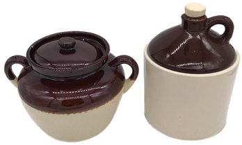 2 Pcs Classic Cookie Jars - McCoy Bean Pot  8' Diam. X 10' X 7'H & Unmarked Brown & White Jug 9.5'H