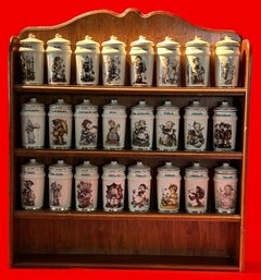 25 Pcs Spectacular Vintage 1987 MJ Hummel Porcelain Spice Jar Collection In Display Wall Shelf