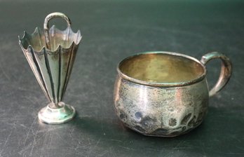 Two Pieces Sterling Silver - Umbrella Shape Toothpick Holder And Child's Cup (well Used) Tot. Weight 2.99ozt