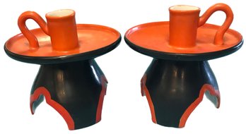 Pair Vintage Japanese Mitsu-Boshi Orange & Black Tri-Footed Porcelain Candlestick Holders, 4.75' Diam X 4.25'H