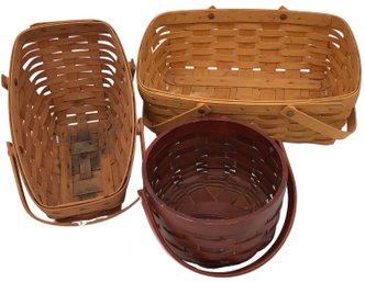 3 Vintage HandWoven Baskets, 2-Longaberger 1990, 2000 & Unmarked, Largest 15' X 11'