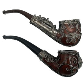 Pair Of Similar Vintage Pipes Wrapped In Silver Plate Wire