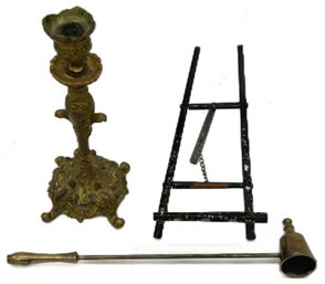 3 Pcs Unrelate Table Top Items, Brass Candle Snuffer & Candlestick And MOP Inlaid Miniature Easel
