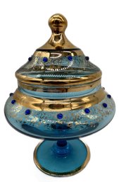 Fabulous Antique Blue Glass Lidded & Footed Compote, Gold Decoration & Deep Blue Cabochons, 7' Diam. X 9.5'