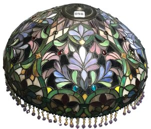 LG Vintage Tiffany Style Multi-Color Leaded Glass Lamp Shade With Carbochons & Floral Design, 18.25' X 9'H