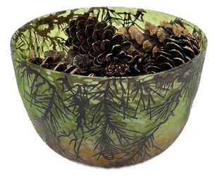 EUROPA Art Glass Bowl With Tree Branch Decorations & Filled With Pine Cones, 8' Diam. X 5-1/8'H