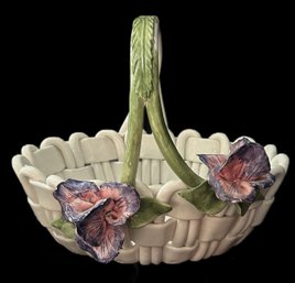 Italian Hand Woven And Decorated Basket With Raised Flowers And Handle, 10' X 9.5' X 9'H
