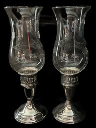 Vintage Quality Matching Pair Towel Weight Sterling Candlesticks With Etched Glass Hurricane S10.5'Hhades