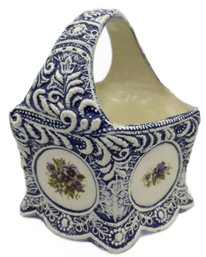 Antique Victorian Hexagon Shape Handled Basket With Pansy Design And Blue Washed Glaze, 8' Diam.. X 8'H