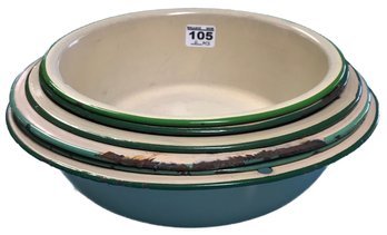 6 Pcs Vintage Cream And Green Rimmed Graduated Bowls