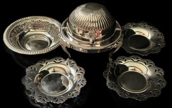 5 Pcs Vintage Silver Plate - Swing Top Caviar Server Reticulated Nut Dish And 3-Matching Nut Dishes