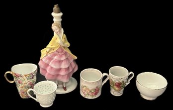 6 Pcs Vintage Porcelain, Figurine 10.25'H, 4 Cups & Bowl