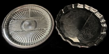 2 Pcs Vintage Silver Plate Round Serving Trays, 1 With Divided Relish Glass Insert, 11.75' Diam.