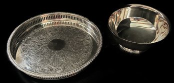 2 Pcs Vintage Silver Plate - Reticulated 12' Diam. Serving Tray & Reproduction Paul Revere Bowl, 8' Diam.
