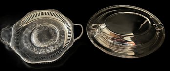 2 Pcs Vintage Silver Plate, Oval Covered Vegetable, 11' X 9' & Reticulated Round Handled Serving Tray,