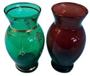 Two (2) Vintage Similar Form Vases, 1-Green With Enamel And Gilt, 1-Ruby Red, Each  3.5' Diam. X 6.5'
