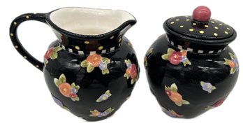 2 Pcs Vintage 1998 Mary Englebreit MICHEL Black Floral Ceramic Creamer & Covered Sugar Bowl3.75'H