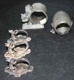 5 Pcs Silver Plate Assorted Napkin Rings,  Three Feline Inspired, Squirrel And Twig