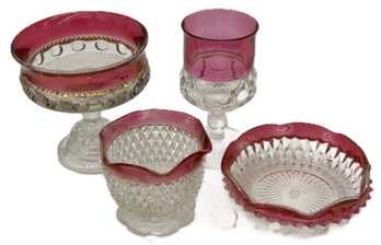 4 Pcs Antique EAPG Clear & Cranberry, Footed Compote5', Water Glass, Nut Bowl & Candy Dish