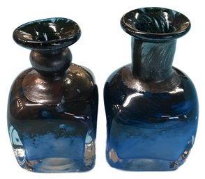 Pair Hand-Signed/Etched BODA Bottles Clear With Blue Interiors, 1-3/4' Sq X 3'H