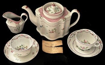 6 Pcs Antique Circa 1800 Tea Pot, Creamer, 2 Cup, 1 Saucer & Bowl