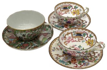 6 Pcs Antique Porcelain Tea Cups & Saucers, Chinese Export Famille Rose & 2 Other