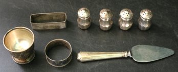 Sterling Lot: Small Cup - 2 Napkin Rings - Four Salt Shakers - Spreader With Sterling Handle - Weight 2.36ozt
