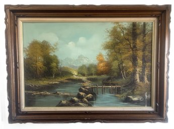 Large Signed Oil On Canvas Of Mountains And Stream, 44.25' X 32.5'H,