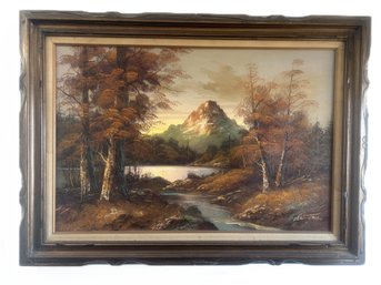 Large Oil On Canvas Of Mountains And Stream, 43.25' X 32.25'H