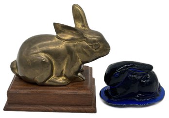 2 Pcs Vintage Rabbits, Brass On Wooden Plinth And Cobalt Blue Glass6' X 3.75' X 5.5'H