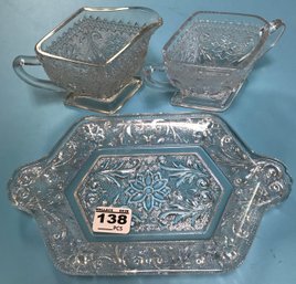 3 Pcs Vintage Indiana Glass 'TIARA' Creamer, Sugar & Undertray (9'L X 5.5'W)