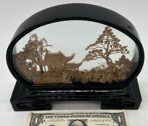 Vintage Chinese Hand Cut Cork River Scene In Black Lacquered Frame On Stand, 8' X 2.5' X 6'H