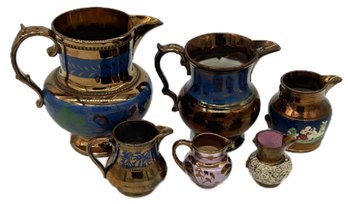 6 Pcs Antique 19thC Lusterware Pitchers, 4-Blue & Copper And 2 Ping & Copper, Largest 6' Diam. X 7.5' X 6.75'H