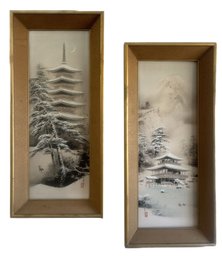 Similar Pair Japanese Painting On Silk Mounted To Board & Well Framed, Ea 11.5' X 25.25'H